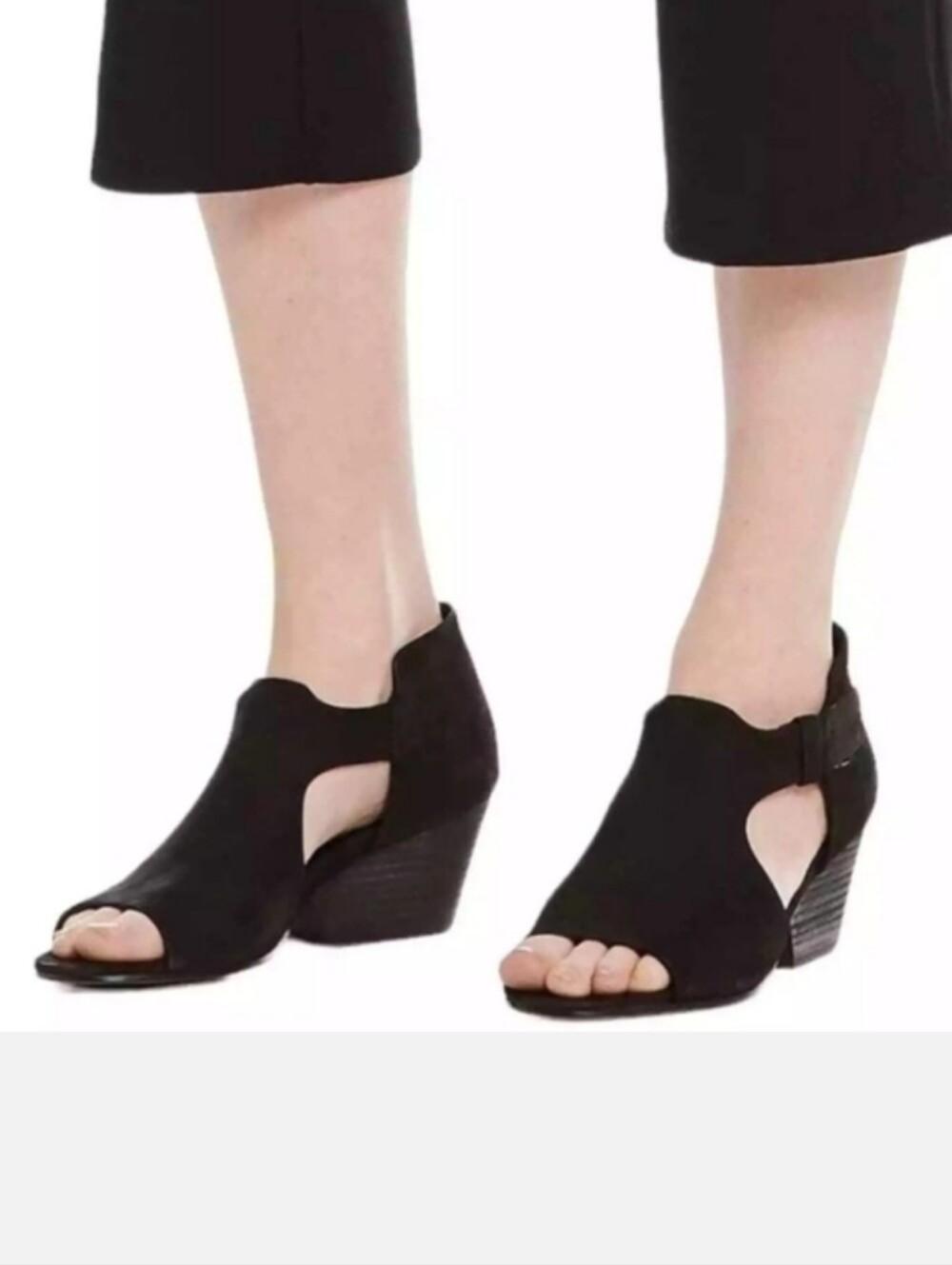 Eileen Fisher Iris Black Suede Open Toe Cutout Wedge Sandals
